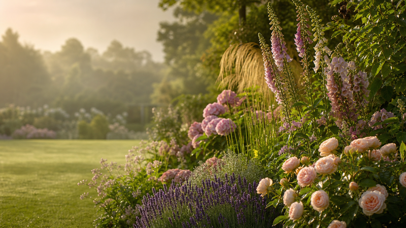 Lush English cottage garden border in summer bloom at golden hour